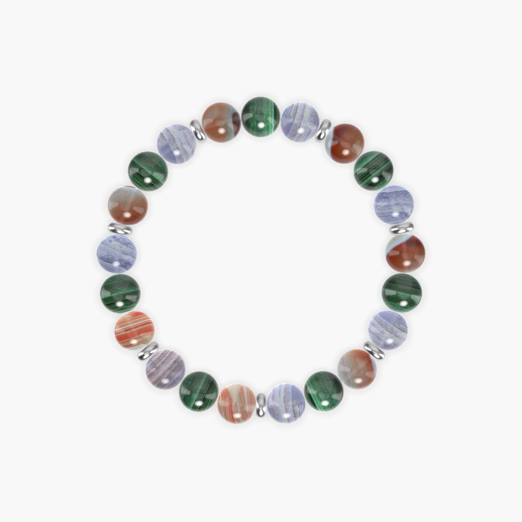 Blue Lace Agate, Malachite, and Sardonyx Gemstone Bead Bracelet