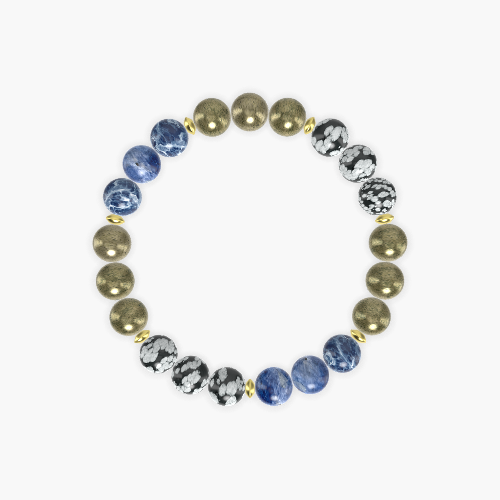 Pyrite, Sodalite and Snowflake Obsidian Bracelet