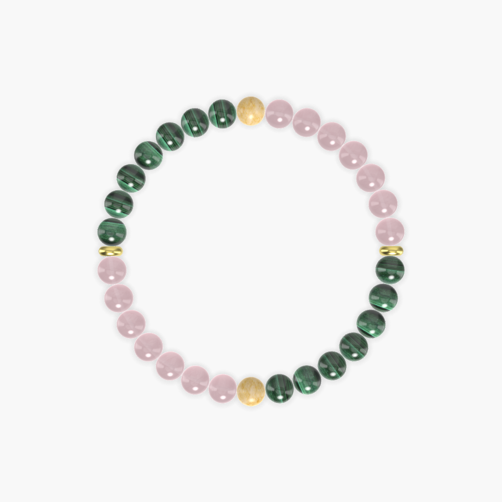 Malachite, Rose Quartz, and Yellow Jade Gemstone Bead Bracelet