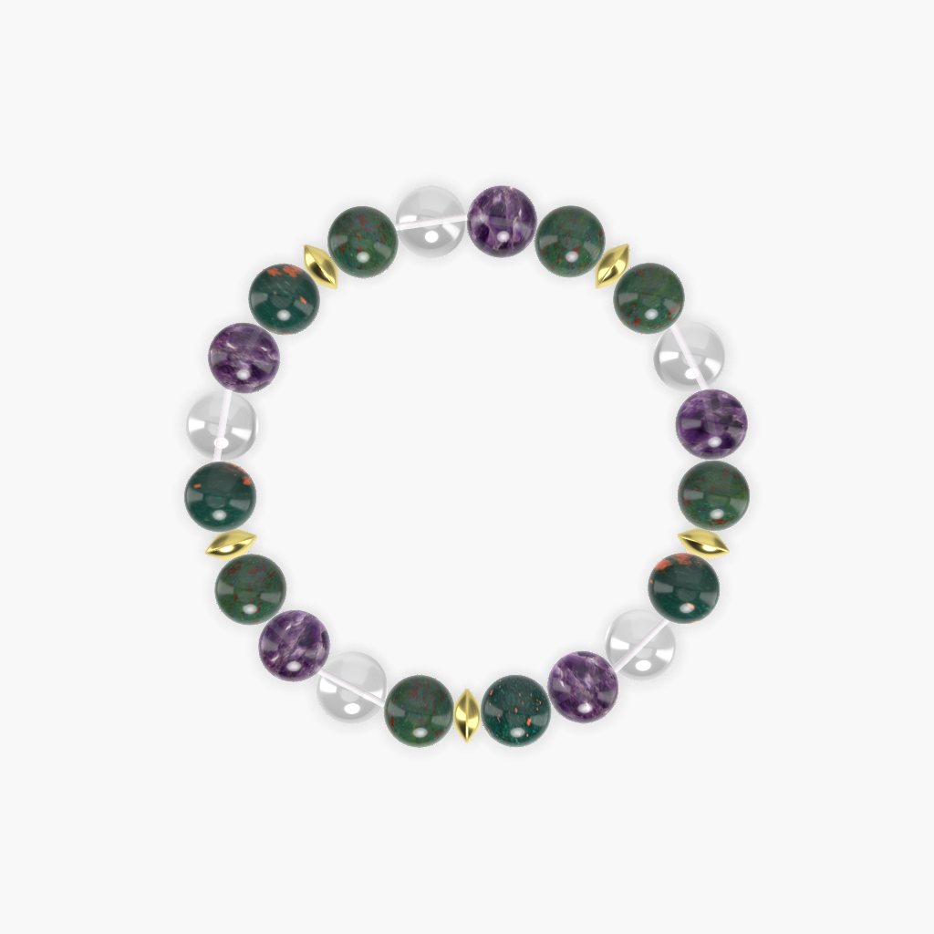 Bloodstone, Amethyst, and Clear Quartz Gemstone Bracelet