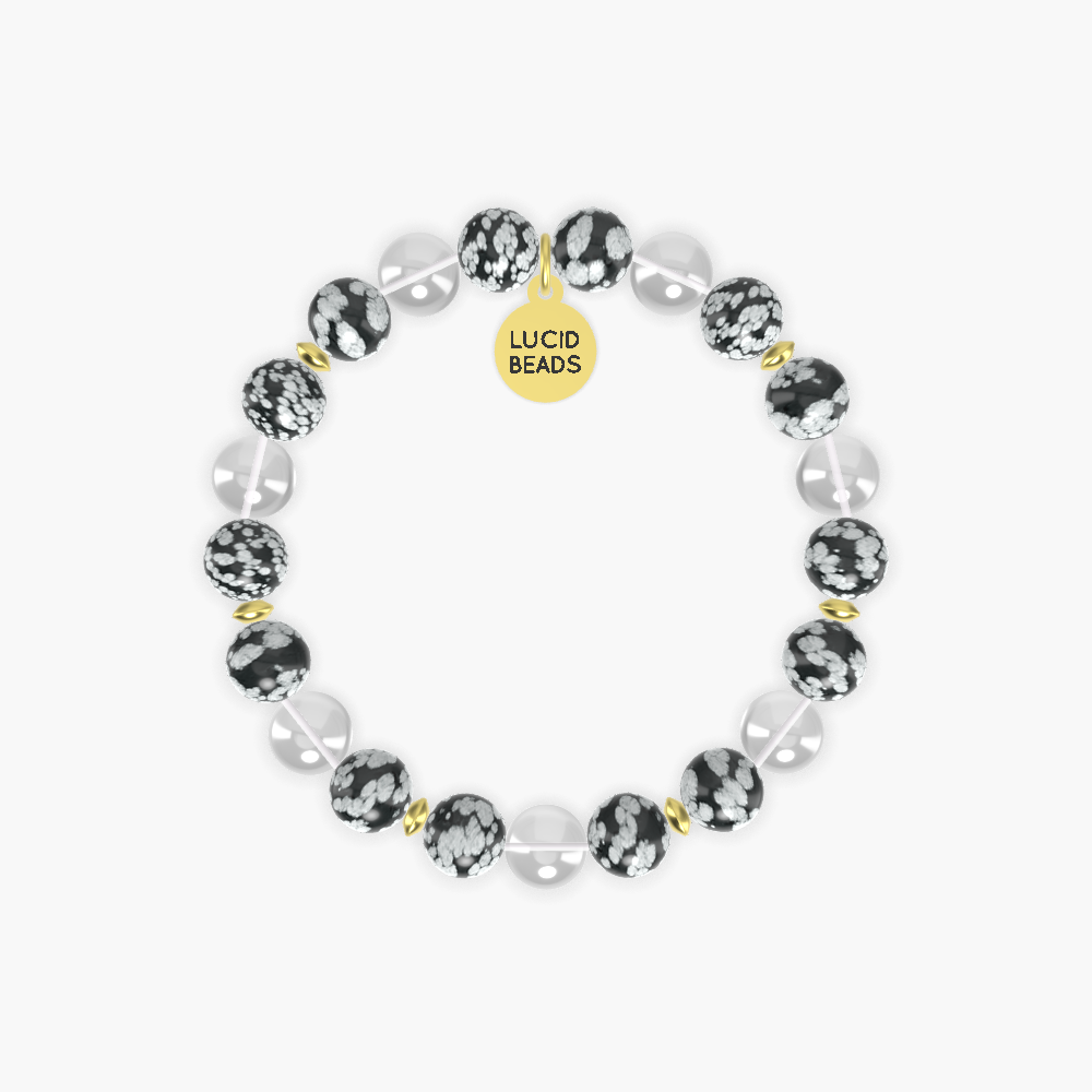 Celebrate the World Snow Day - Snowflake Obsidian and Clear Quartz Bracelet
