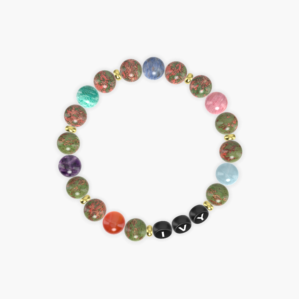 Unakite, Aquamarine, Rhodonite and More Gemstone Bracelet