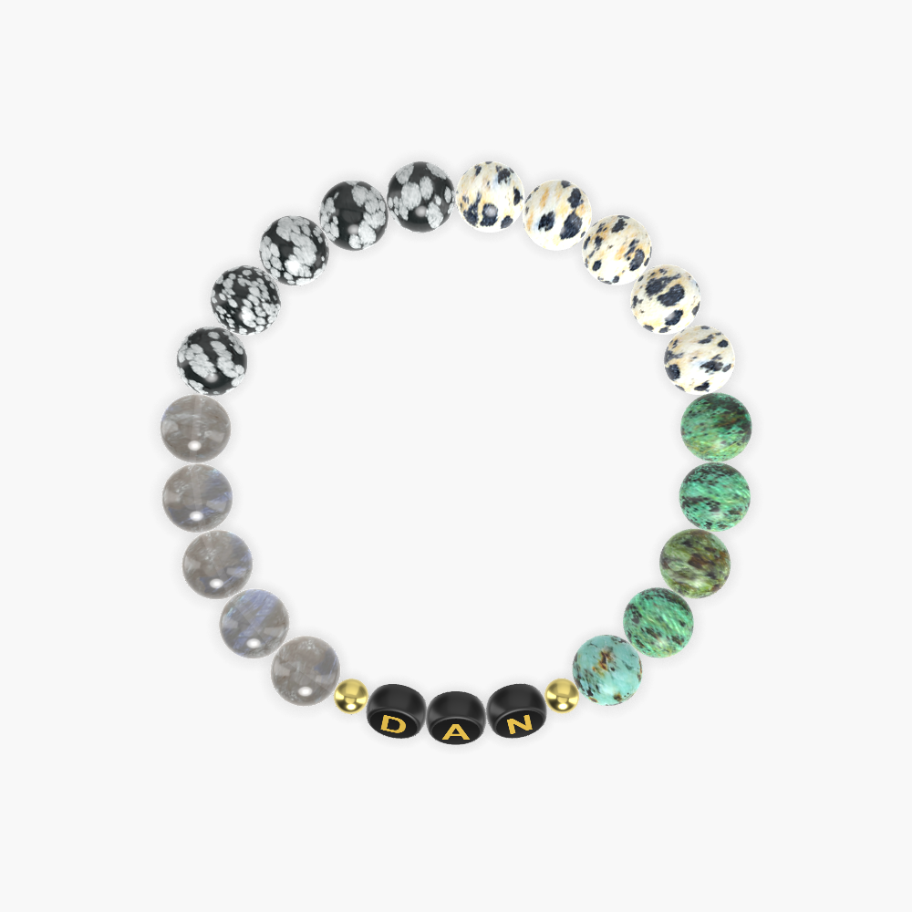 African Turquoise, Dalmatian Jasper, Snowflake Obsidian and more Gemstone Bracelet