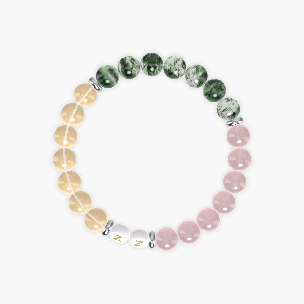 Rose Quartz, Moss Agate, and Citrine Gemstone Bead Bracelet