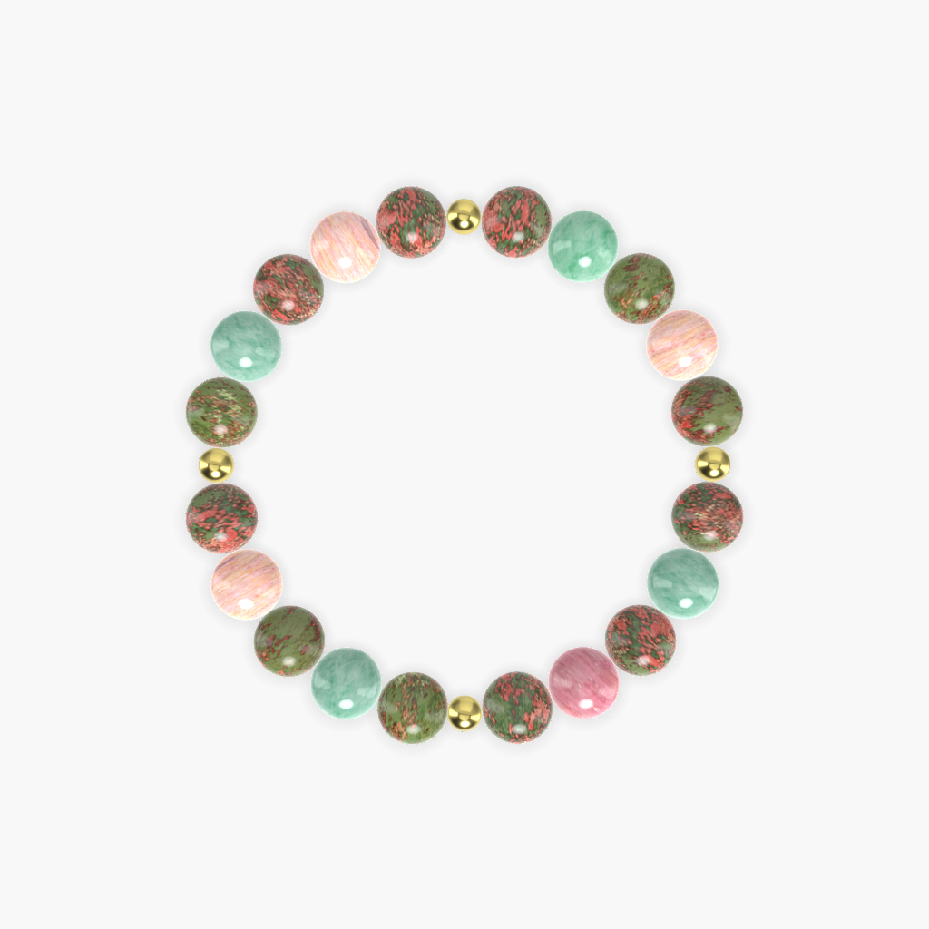 Unakite, Rhodonite and Green Jade Bracelet