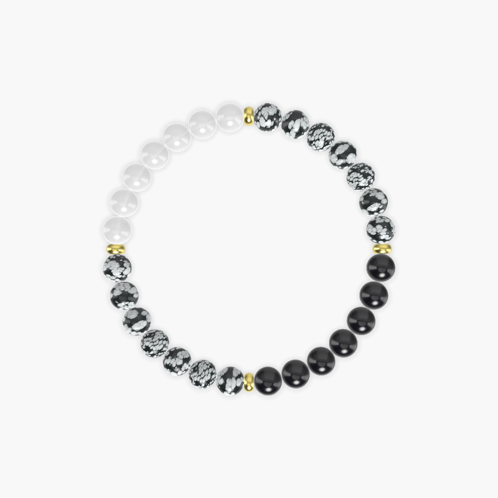 Snowflake Obsidian, Black Tourmaline and White Jade Bracelet