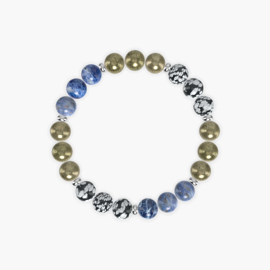 Pyrite, Sodalite and Snowflake Obsidian Bracelet