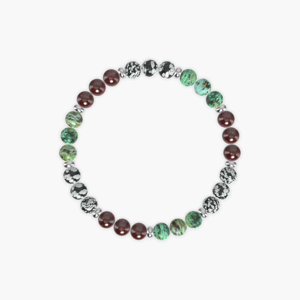 African Turquoise, Snowflake Obsidian and Garnet Bracelet