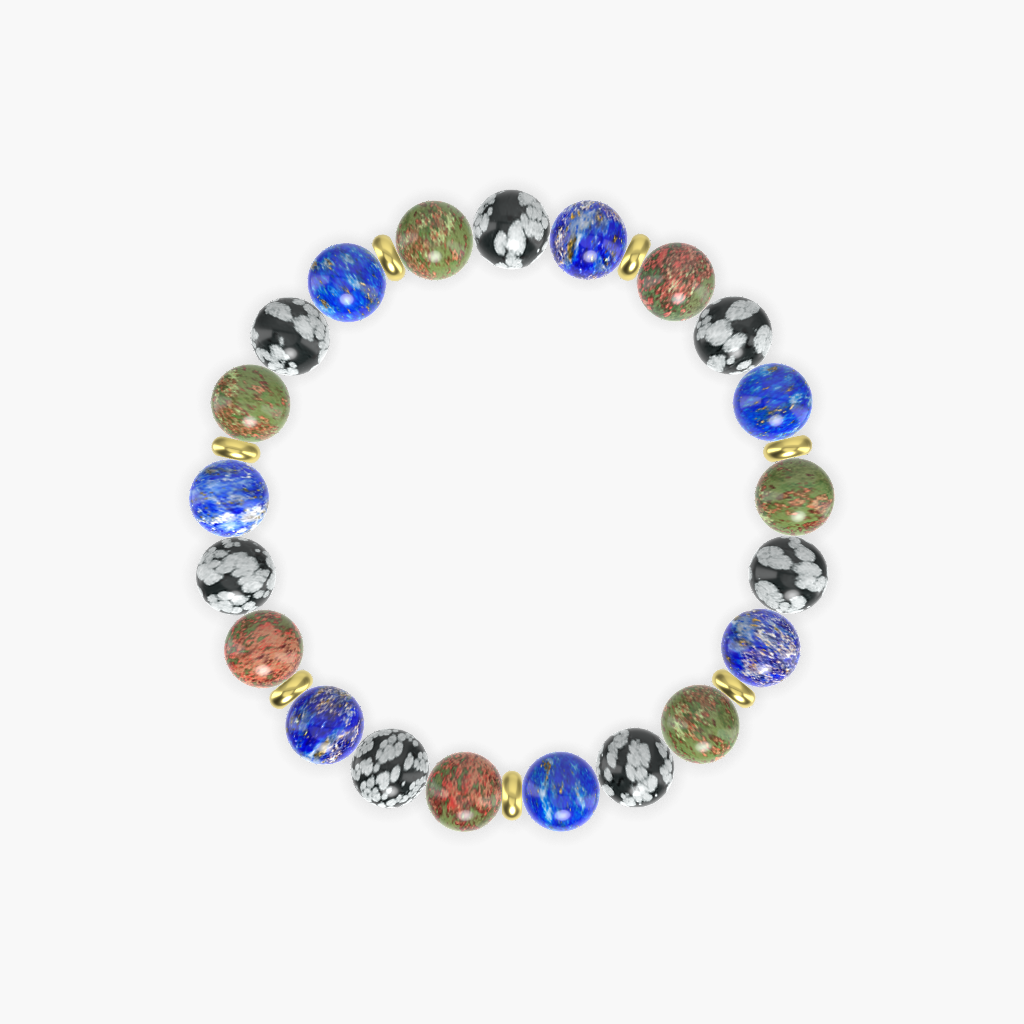 Lapis Lazuli, Snowflake Obsidian and Unakite Bracelet