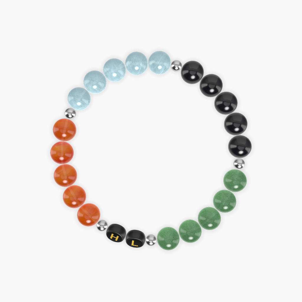 Green Aventurine, Black Tourmaline, Aquamarine, and Carnelian Gemstone Bead Bracelet