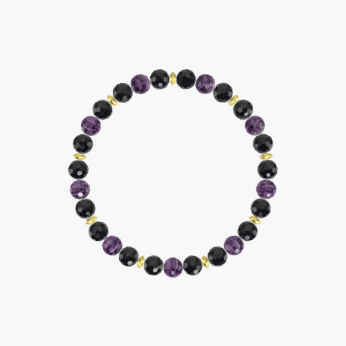 Black Tourmaline and Amethyst Gemstone Bead Bracelet
