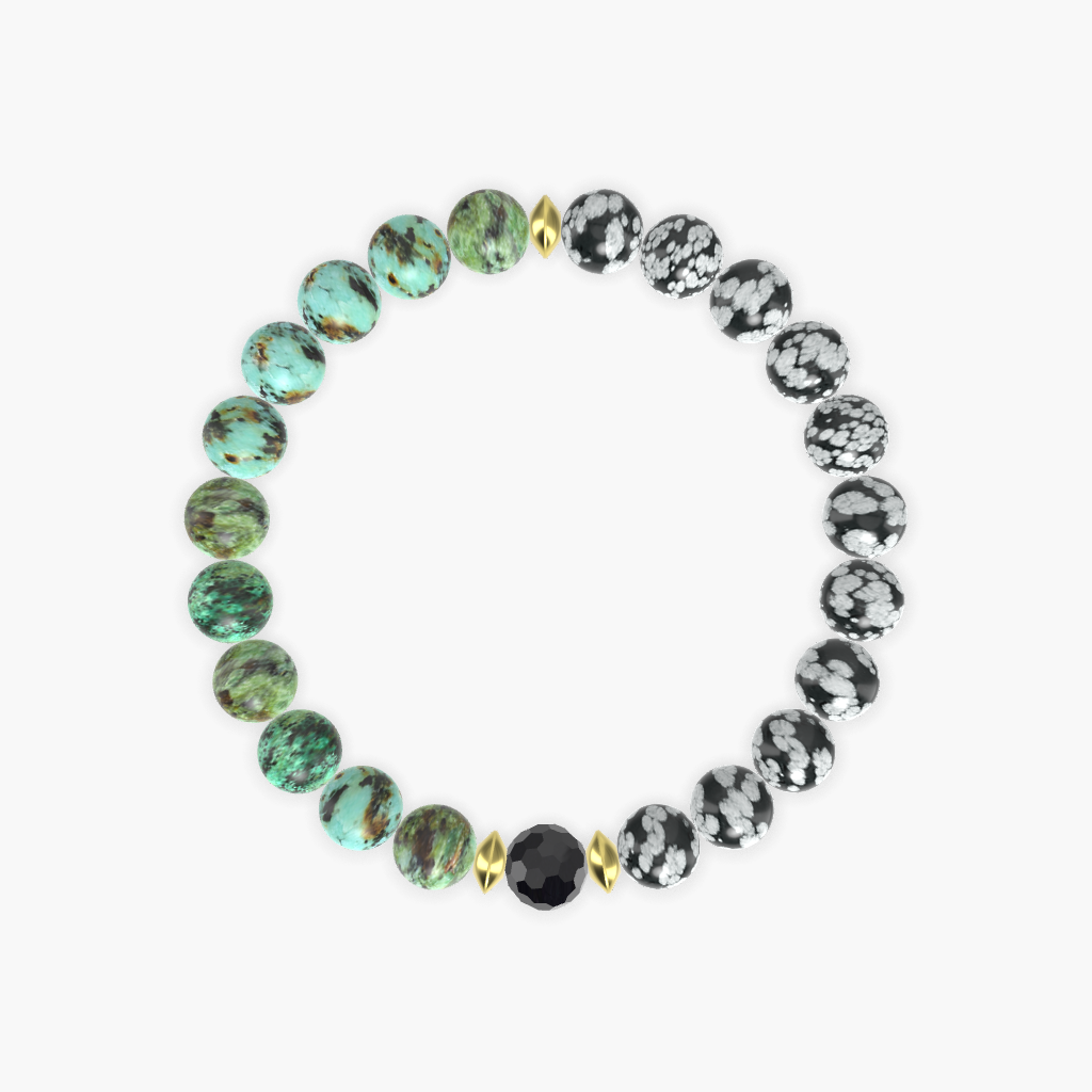 Snowflake Obsidian, African Turquoise and Black Tourmaline Bracelet