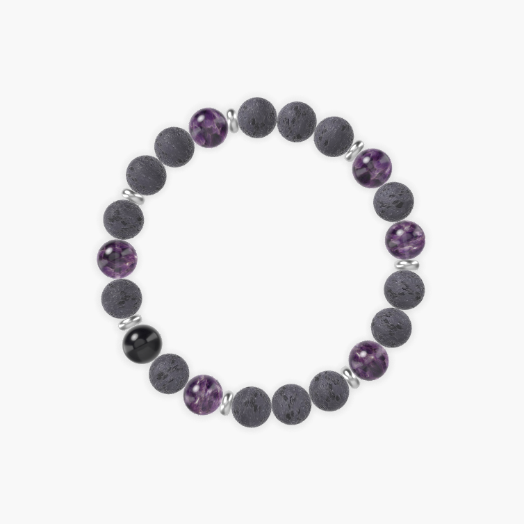 Lava Rock, Amethyst and Black Obsidian Bracelet