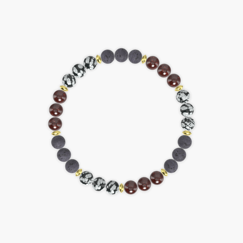 Garnet, Lava Rock and Snowflake Obsidian Bracelet