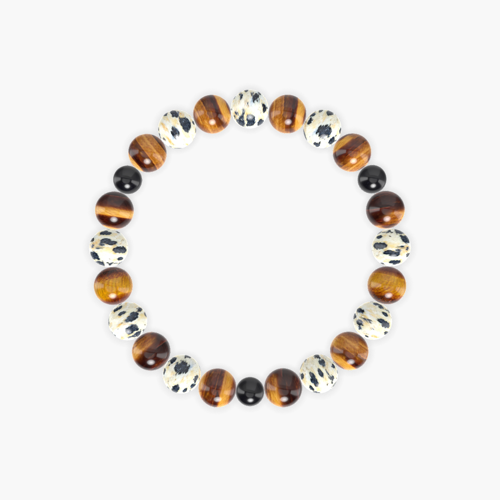 Tiger Eye, Dalmatian Jasper, and Black Tourmaline Gemstone Bracelet