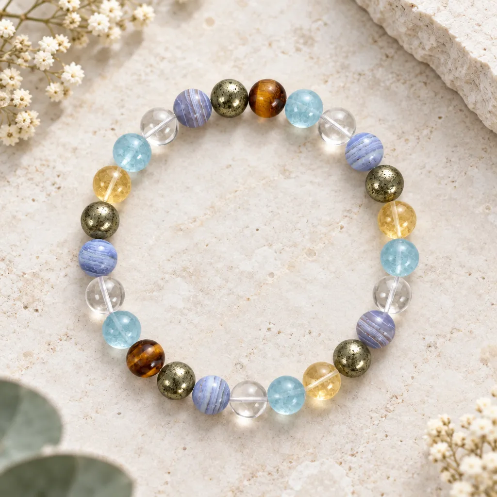 Clear Quartz, Aquamarine, Pyrite and more Gemstone Bracelet