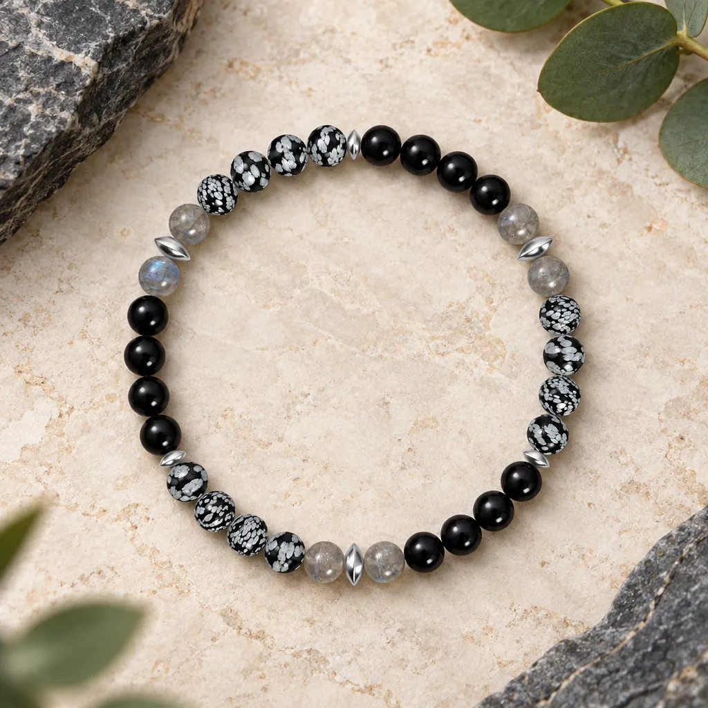 Black Onyx, Snowflake Obsidian and Labradorite Bracelet