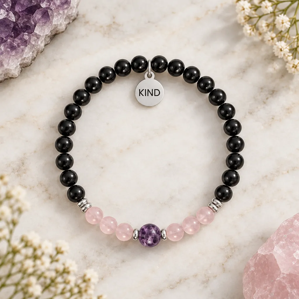 Black Tourmaline, Rose Quartz and Amethyst Bracelet