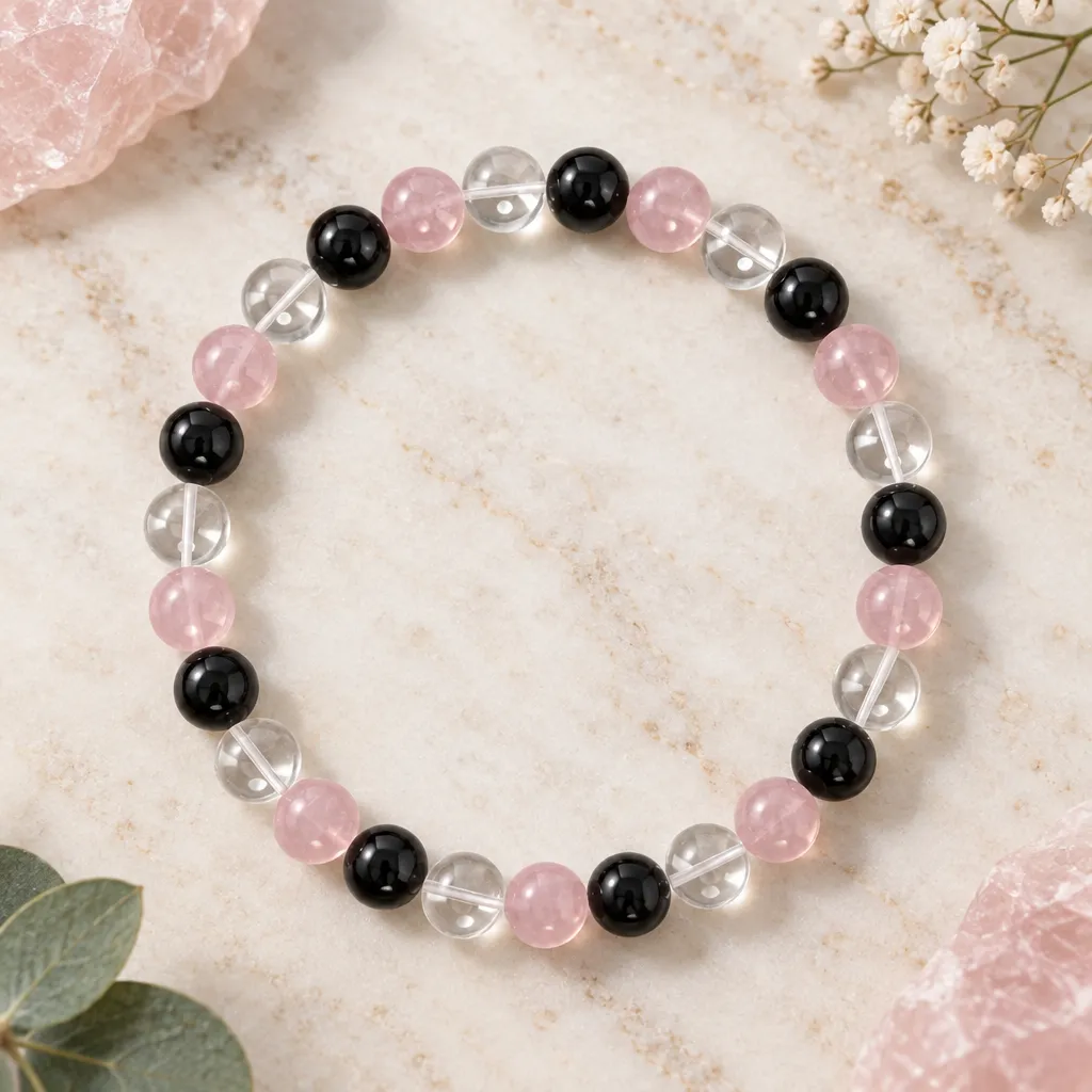 Rose Quartz, Black Obsidian and Clear Quartz Bracelet