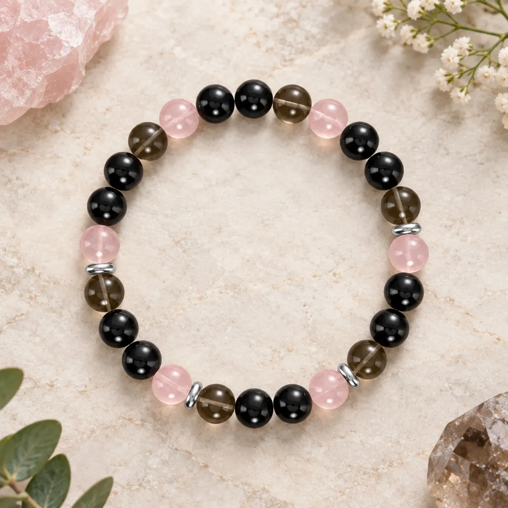 Black Tourmaline, Rose Quartz and Smoky Quartz Bracelet
