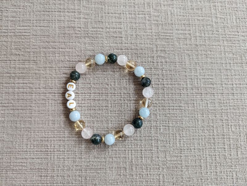 Aquamarine, Citrine, Rose Quartz, and Moss Agate Gemstone Bead Bracelet