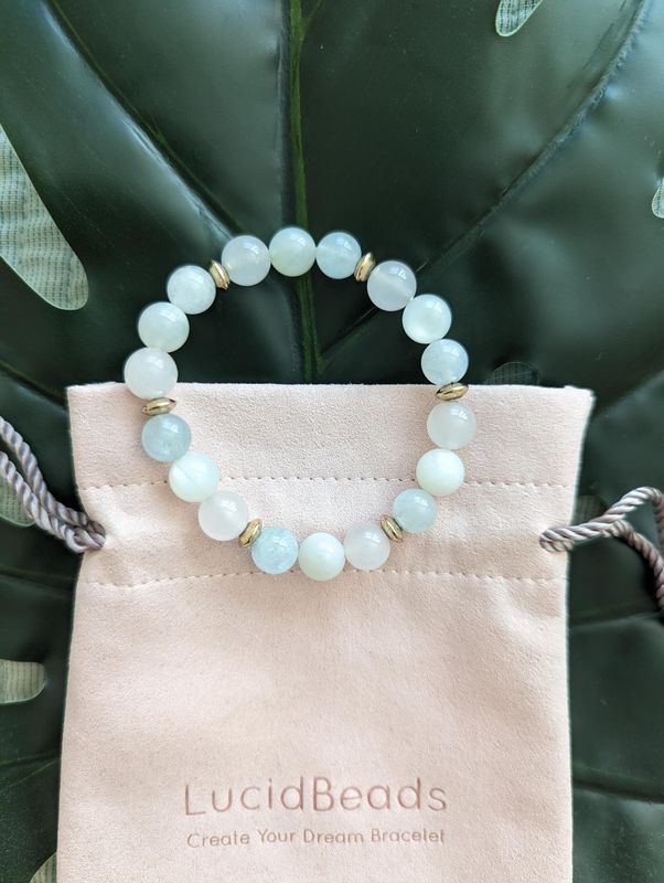 Rose Quartz, Moonstone, and Aquamarine Gemstone Bead Bracelet